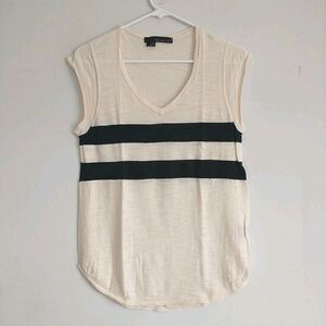 360Sweater Top Tunic Womens S Cream Black Stripe Cotton Knit V-Neck Cap Sleeve
